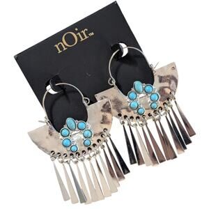 nOir Silver Statement Earrings with Turquoise Stones & Fringe Detail